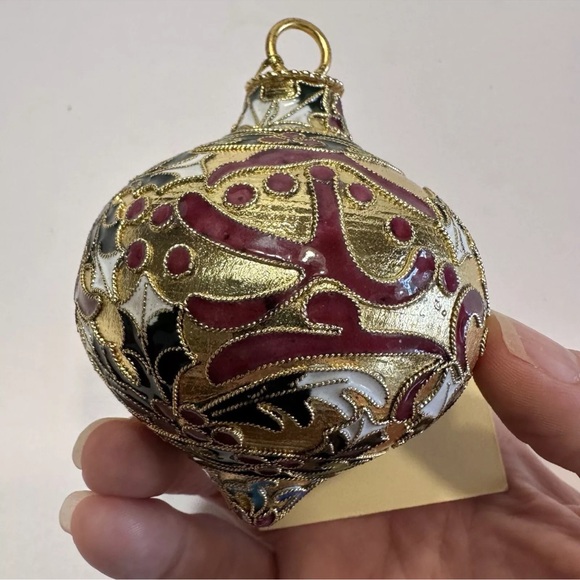 Precious Cloisonne Enamel Ornament Gold Plate Holly Berry On Copper Artisan Made - Picture 4 of 14